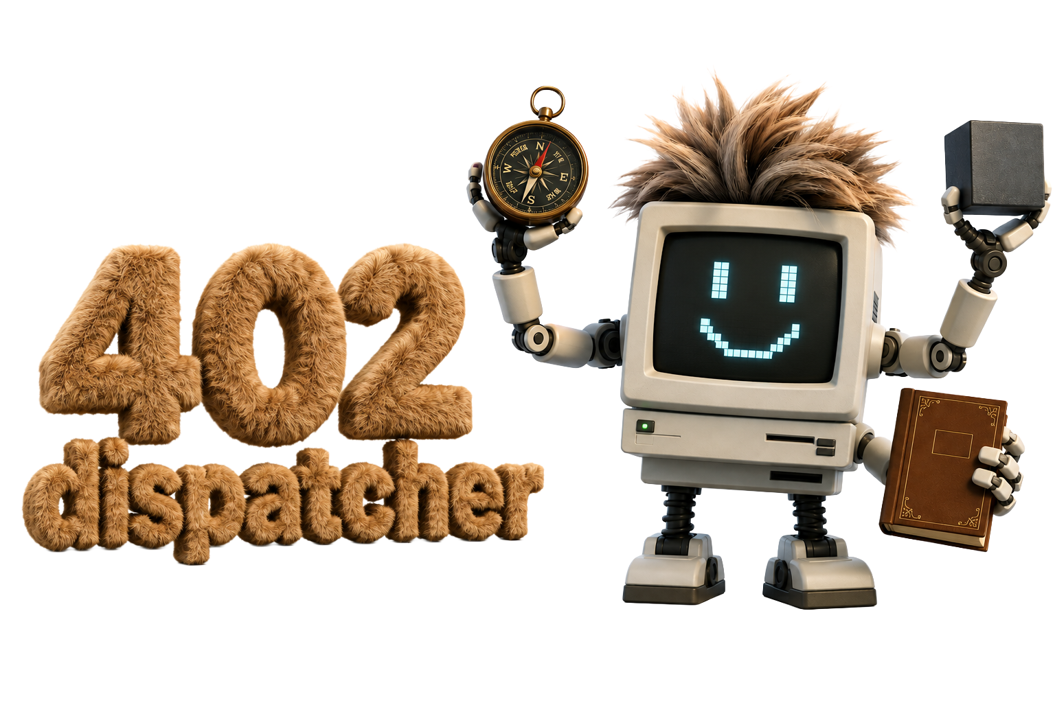 402 dispatcher — furry logo wordmark with retro computer mascot holding a compass, cube, and book